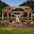 Scenic Campsite With Wooden Pavilion String Lights Bonfire Log Seats Tents And Wooded Backdrop