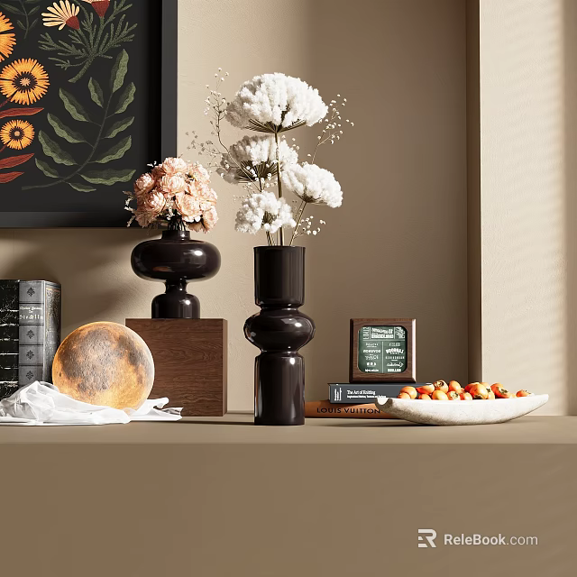 Decorative Ornament Set With Vases Flowers Books Round Plate And Fruit 3d model 