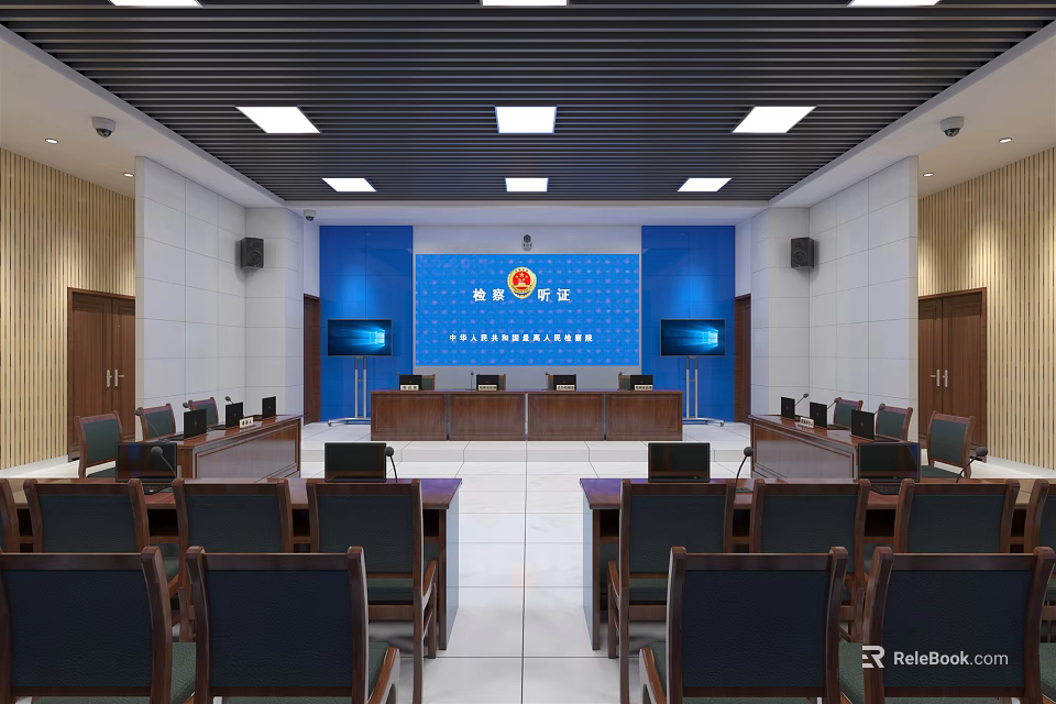 Courtroom Interior Design With Judicial Podium Audience Seats And Blue Backdrop Wall 3d model 