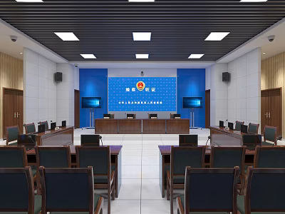 Courtroom Interior Design With Judicial Podium Audience Seats And Blue Backdrop Wall 3d model