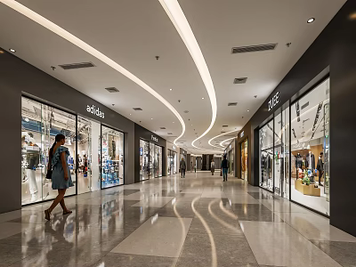 Modern Shopping Mall Stores Corridor With Glass Storefronts Shoppers And Elegant Lighting 3d model