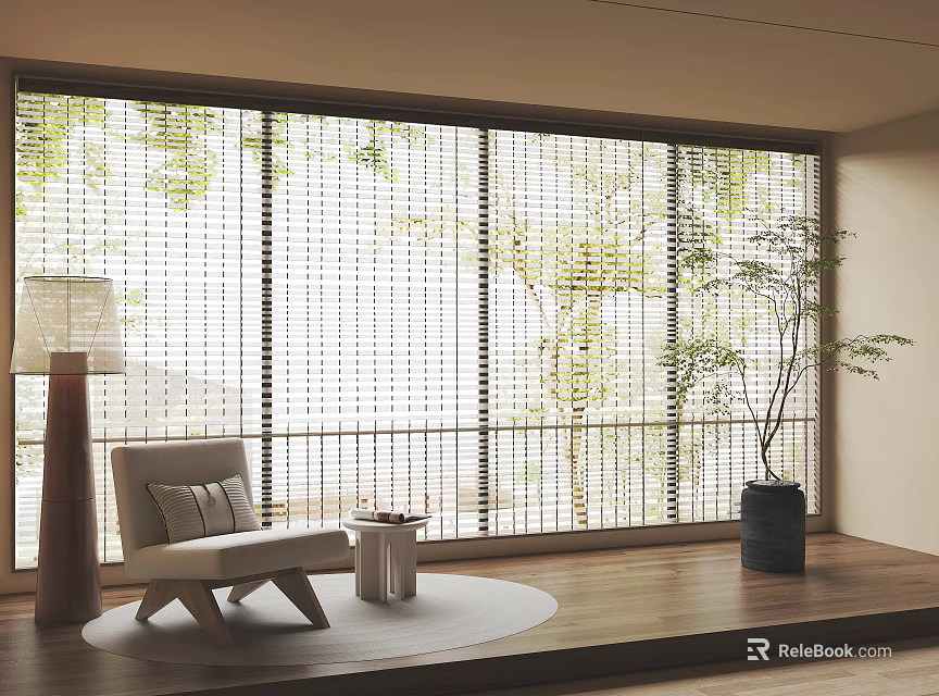 Bamboo Window Curtains With Natural Light And Interior Chair Side Table Potted Plant 3d model 