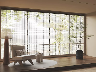 Bamboo Window Curtains With Natural Light And Interior Chair Side Table Potted Plant 3d model