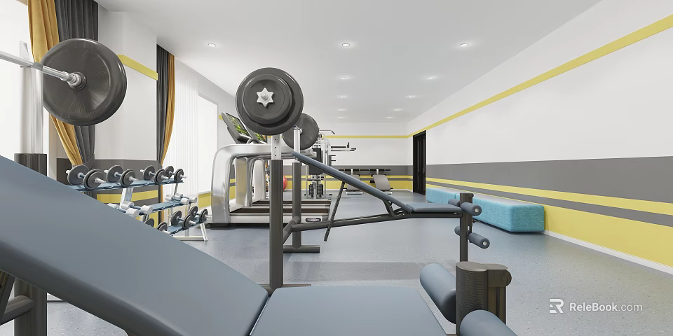 Modern Fitness Gym Interior With Barbell Bench Press Dumbbells And Workout Equipment 3d model 