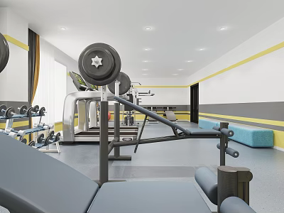 Modern Fitness Gym Interior With Barbell Bench Press Dumbbells And Workout Equipment 3d model