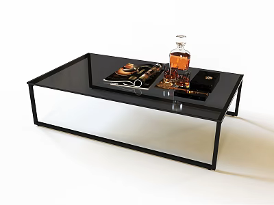 Modern Black Frame Coffee Table With Glass Top And Whiskey Bottle Tray 3d model