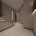 Modern Elevator Hallway With Light-Colored Walls Wooden Doors Terrazzo Flooring Framed Artwork And Potted Plant