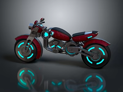 Red Futuristic Motorcycle With Blue Glowing Wheels And Sci Fi Design 3d model