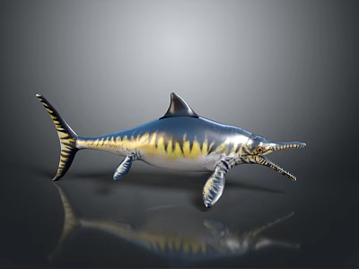 Realistic Swordfish 3D Model With Blue Yellow Stripes Dorsal Tail Fins Reflection On Smooth Surface 3d model