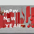 Festive Happy New Year 2024 Red Decorations Setup With Columns Ribbons Balls And Gifts