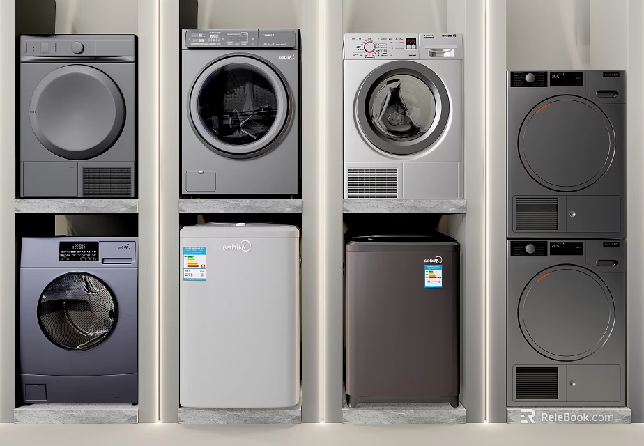 Modern Washing Machines Various Models Showcase In Home Appliance Showroom 3d model 