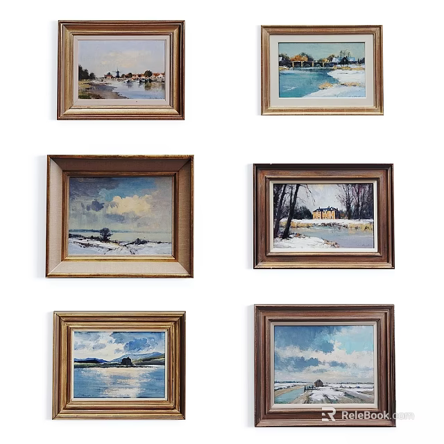 Vintage Wooden Frames Displaying Landscape Paintings With Snow Scenes Lake Views And Trees 3d model 