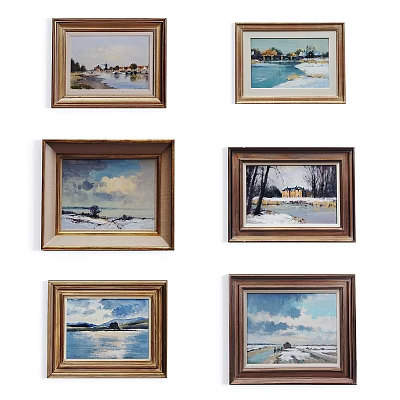 Vintage Wooden Frames Displaying Landscape Paintings With Snow Scenes Lake Views And Trees 3d model