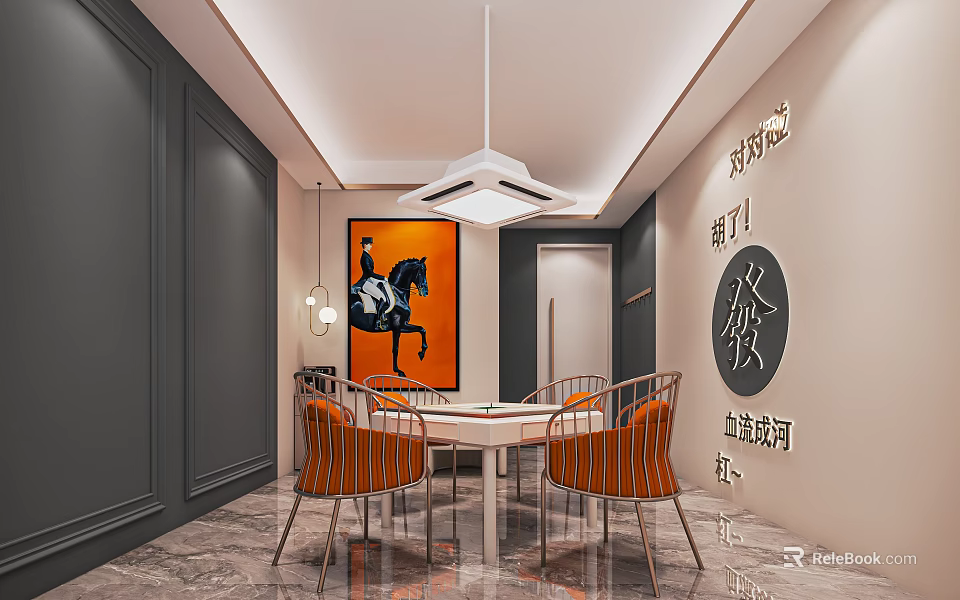 Hotel Mahjong Room Interior With Round Table Orange Chairs Pendant Light And Decorative Painting 3d model 