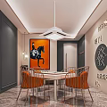 Hotel Mahjong Room Interior With Round Table Orange Chairs Pendant Light And Decorative Painting