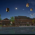Ancient Architecture Night View With Hanging Lanterns Moon And Water Reflection