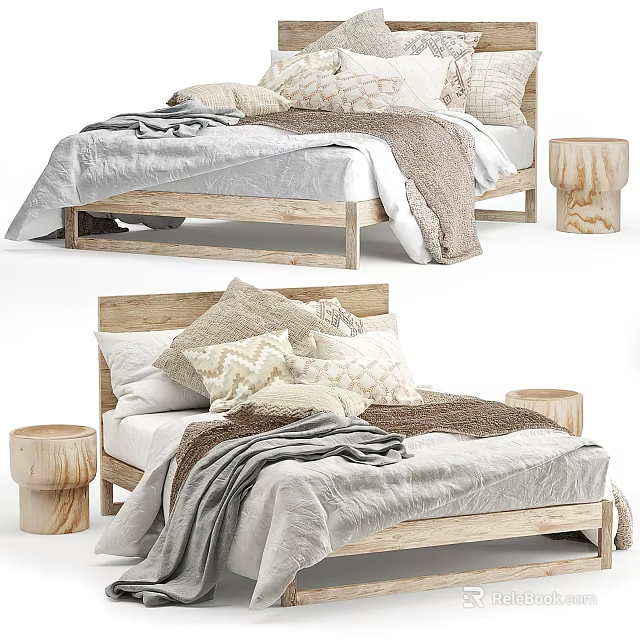 Cozy Double Bed With Wooden Frame Pillows Blankets And Side Stools 3d model 