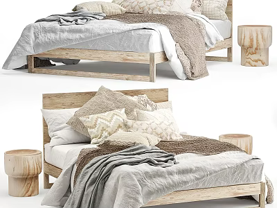 Cozy Double Bed With Wooden Frame Pillows Blankets And Side Stools 3d model