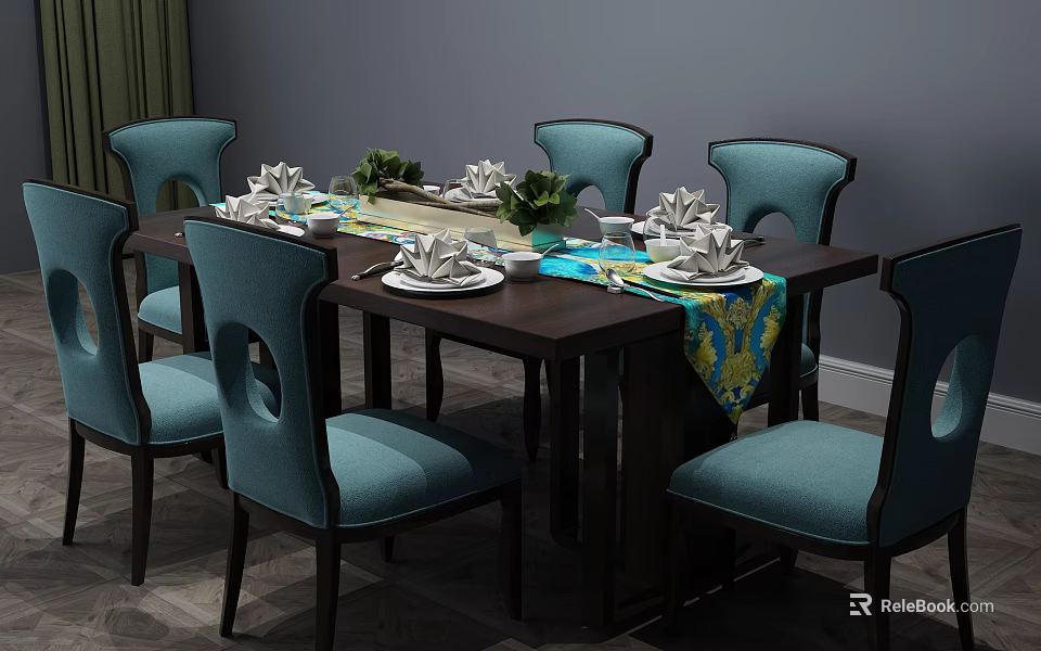 Dark Wooden Dining Table Set With Six Blue Upholstered Chairs Colorful Runner And Tableware 3d model 
