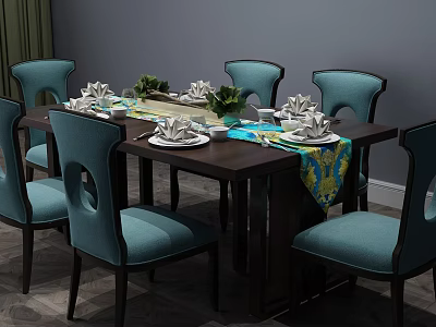 Dark Wooden Dining Table Set With Six Blue Upholstered Chairs Colorful Runner And Tableware 3d model