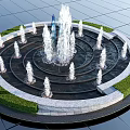 Circular Garden Ornament Fountain With Central Fountain Surrounding Smaller Fountains Green Lawn Stone Pavement