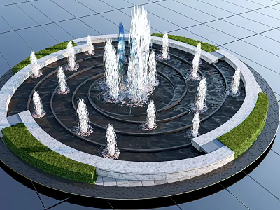 Circular Garden Ornament Fountain With Central Fountain Surrounding Smaller Fountains Green Lawn Stone Pavement 3d model