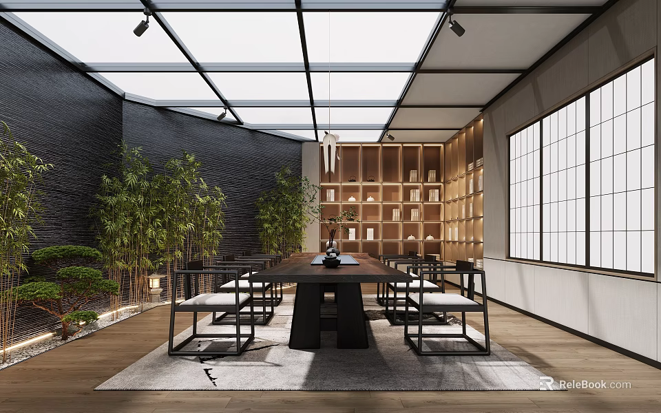 Traditional Tea Room With Natural Light Greenery And Wooden Shelves 3d model 