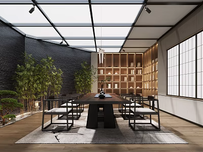 Traditional Tea Room With Natural Light Greenery And Wooden Shelves 3d model