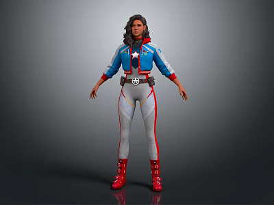 Game Movie Character In Blue White Red Costume With Star Emblem And Red Boots 3d model