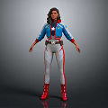 Game Movie Character In Blue White Red Costume With Star Emblem And Red Boots