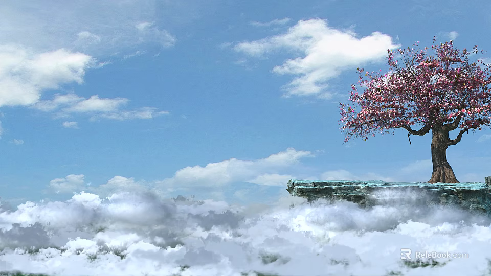 Pink Flowering Arbor Standing On Cliff With Blue Sky White Clouds And Sea Of Clouds 3d model 