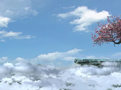 Pink Flowering Arbor Standing On Cliff With Blue Sky White Clouds And Sea Of Clouds 3d model