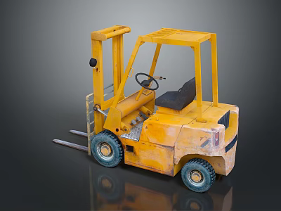 Detailed Yellow Forklift Model With Black Seat Cab Wheels On Dark Background 3d model