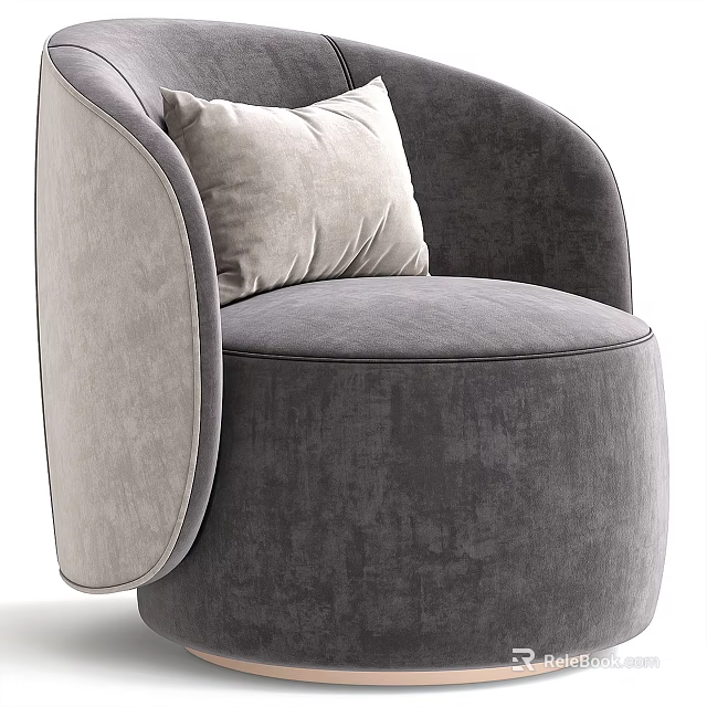 Modern Single Sofa With Curved Design Gray Velvet Upholstery And Comfortable Pillow 3d model 