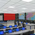 Military Monitoring Room Featuring Neatly Arranged Control Consoles Blue Screens and Strategic Wall Banners