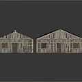 Two Wooden Barns with Frame Structure Sloped Roofs Multiple Windows Doors and Wheelbarrow