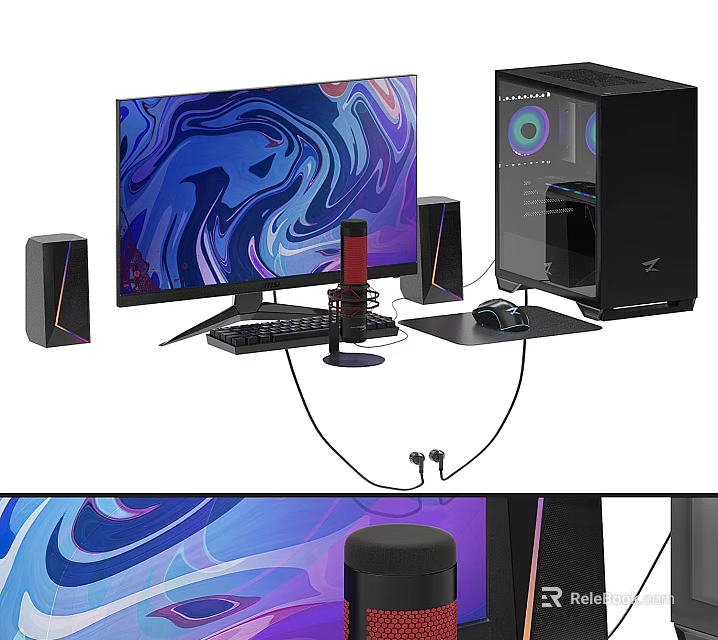 Modern Desktop Computer Setup With Monitor CPU Case Keyboard Mouse Speakers And Headphones 3d model 