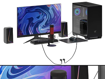Modern Desktop Computer Setup With Monitor CPU Case Keyboard Mouse Speakers And Headphones 3d model