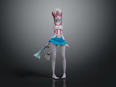 3D Female Game Character With White Long Hair Red Headpiece Blue Skirt And Bell Weapon 3d model