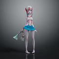 3D Female Game Character With White Long Hair Red Headpiece Blue Skirt And Bell Weapon