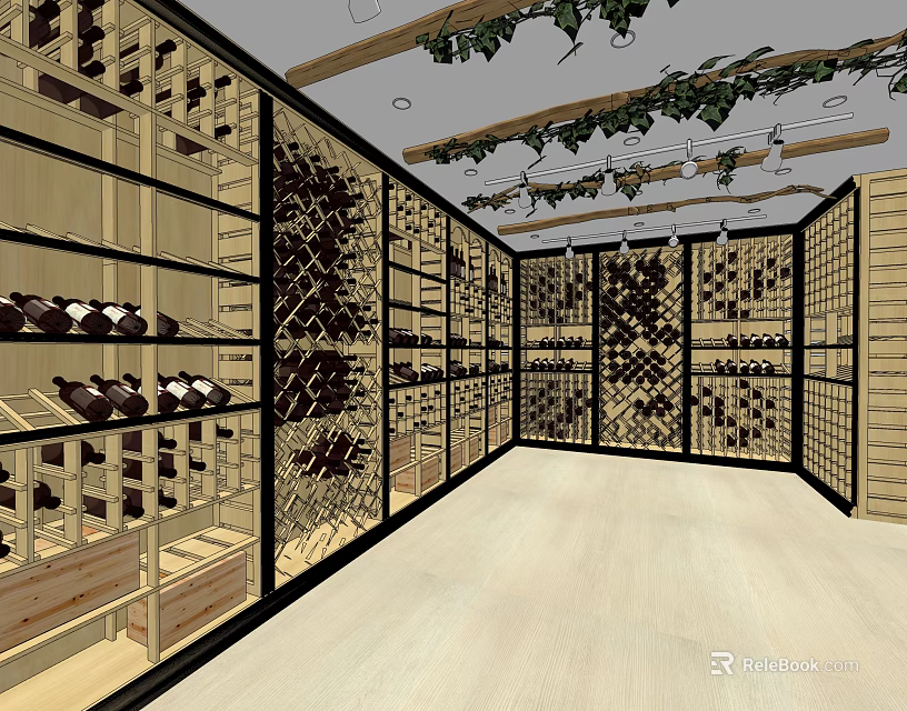 Wine Cellar Style Mall Shop With Wooden Racks Holding Wine Bottles And Green Vine Decorations 3d model 