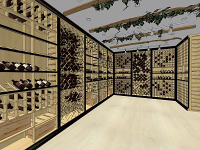 Wine Cellar Style Mall Shop With Wooden Racks Holding Wine Bottles And Green Vine Decorations 3d model