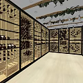 Wine Cellar Style Mall Shop With Wooden Racks Holding Wine Bottles And Green Vine Decorations