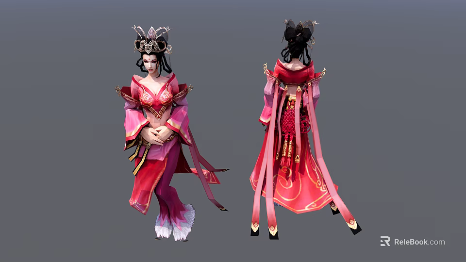 Game Movie Character In Traditional Red Pink Robe With Intricate Headdress And Flowing Ribbons 3d model 