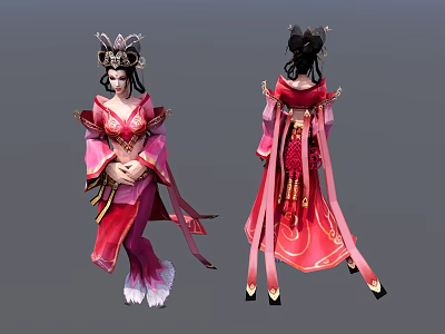 Game Movie Character In Traditional Red Pink Robe With Intricate Headdress And Flowing Ribbons 3d model