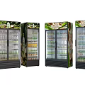Commercial Upright Refrigerators Filled With Bottled Drinks And Colorful Exterior Patterns
