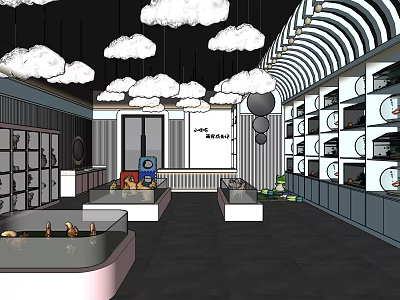 Modern Retail Shop Interior Featuring Cloud Decorations Curved Striped Walls And Display Counters 3d model