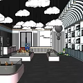 Modern Retail Shop Interior Featuring Cloud Decorations Curved Striped Walls And Display Counters