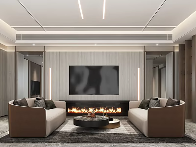Modern Living Room Interior With Beige Sofas Fireplace TV Ceiling Lights And Area Rug 3d model