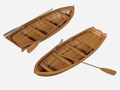 Two Classic Wooden Boats With Rowing Oars And Natural Wood Finish 3d model